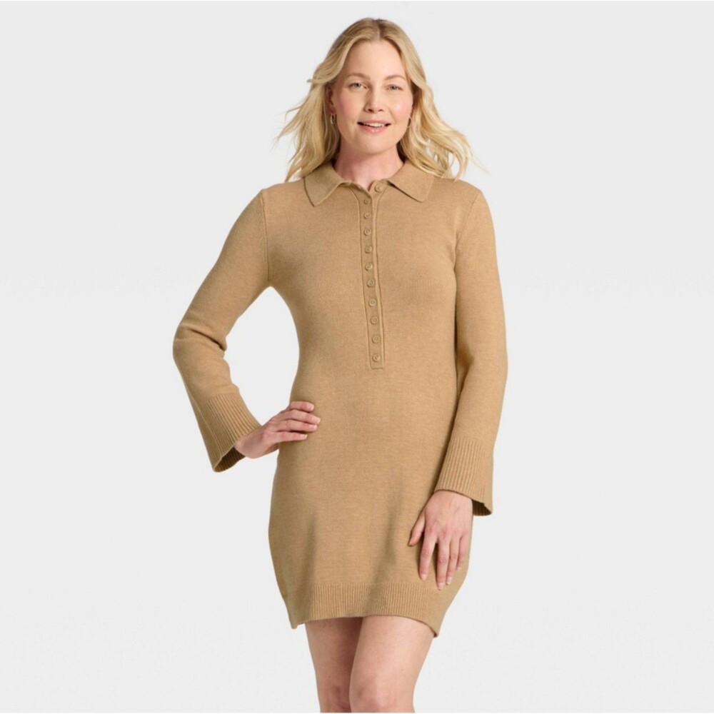 Women's A New Day Long Sleeve Collared Sweater Dress Light Heather Brown Small